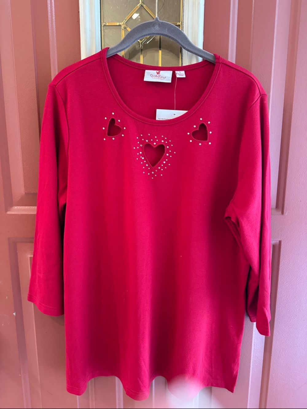 Quacker Factory Red Long Sleeve Top with Heart Cutouts and Studs
